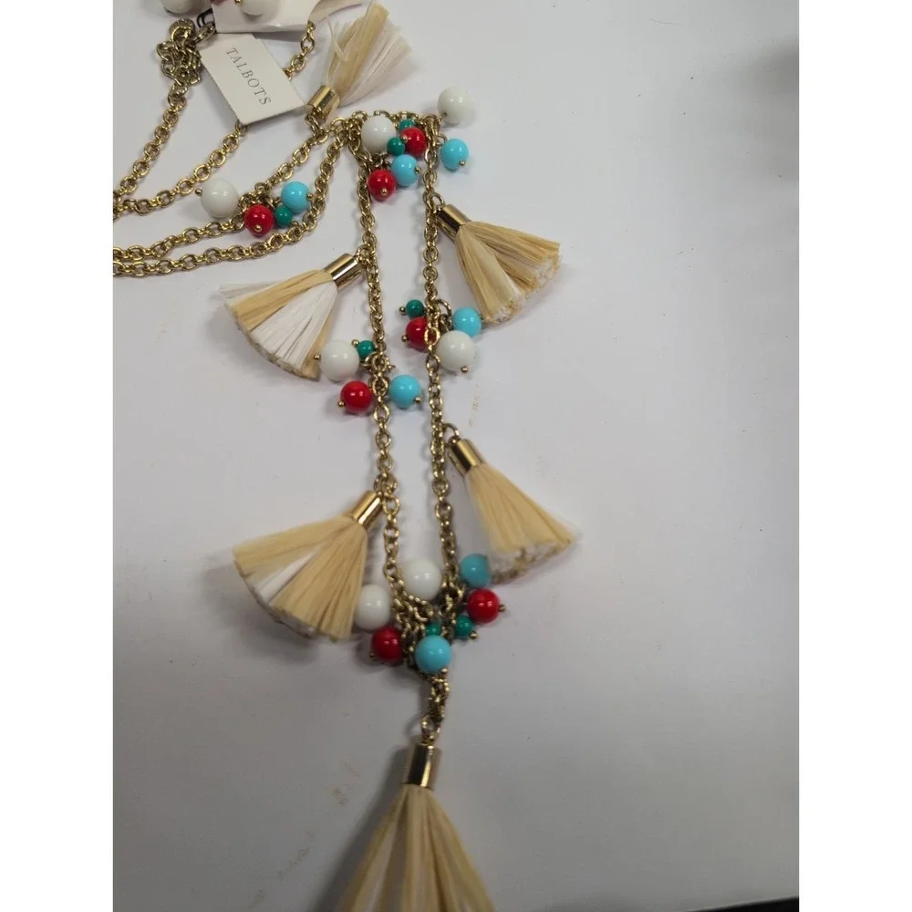NWT Talbots Necklace & Earring Set Beaded Tassel Pendant Gold Tone Boho